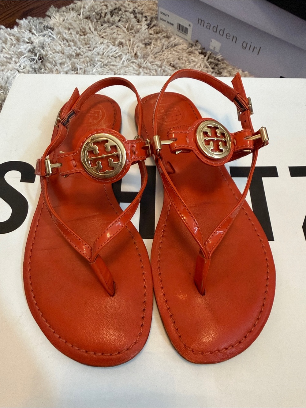 Tory Burch Orange Patent Miller Thong Sandals with Gold Logo
